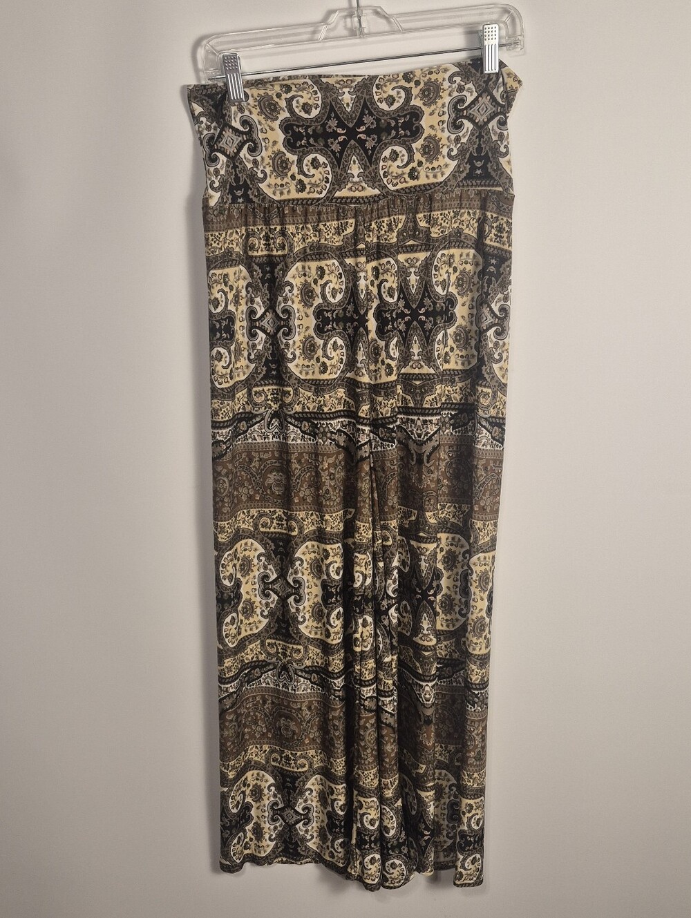 Superline Paisley Print Wide Leg Pants Brown Cream Boho Pull On Stretch Waist